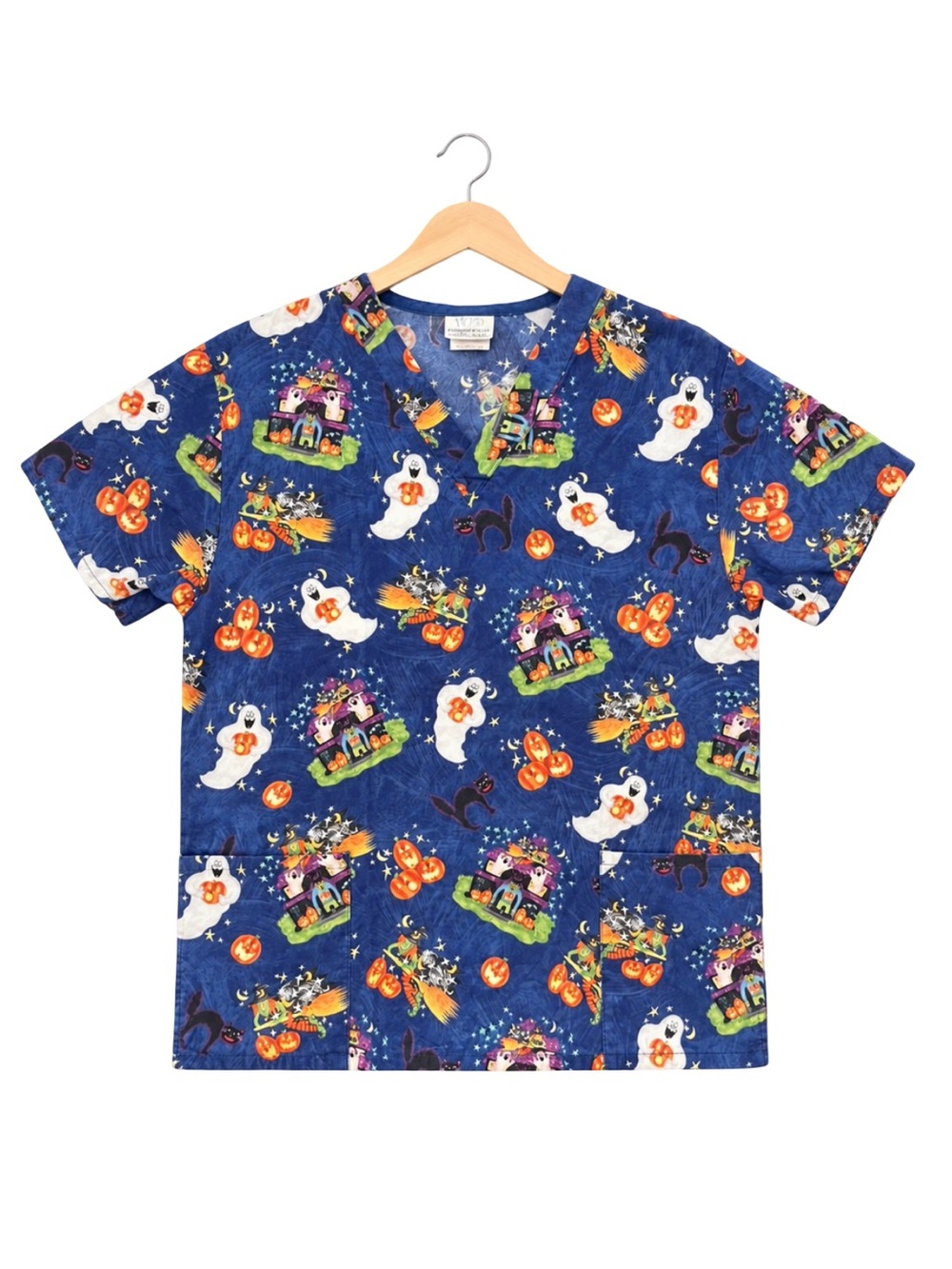 Vintage 90’s Halloween Scrub Top Small Haunted House Ghost Pumpkin Witch V-Neck
